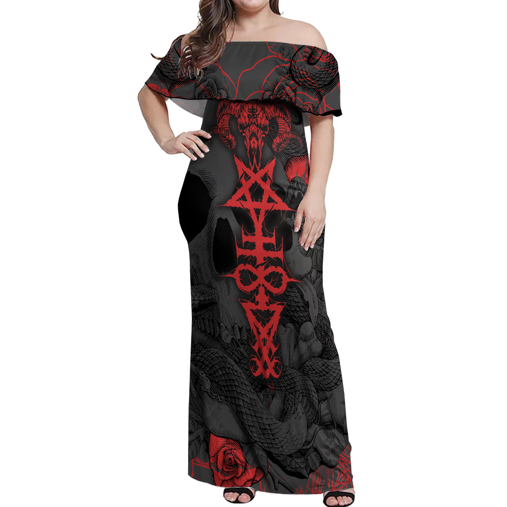 Skull Horror - Satan Symbol Grunge Off Shoulder Maxi Dress - Wonder Print Shop
