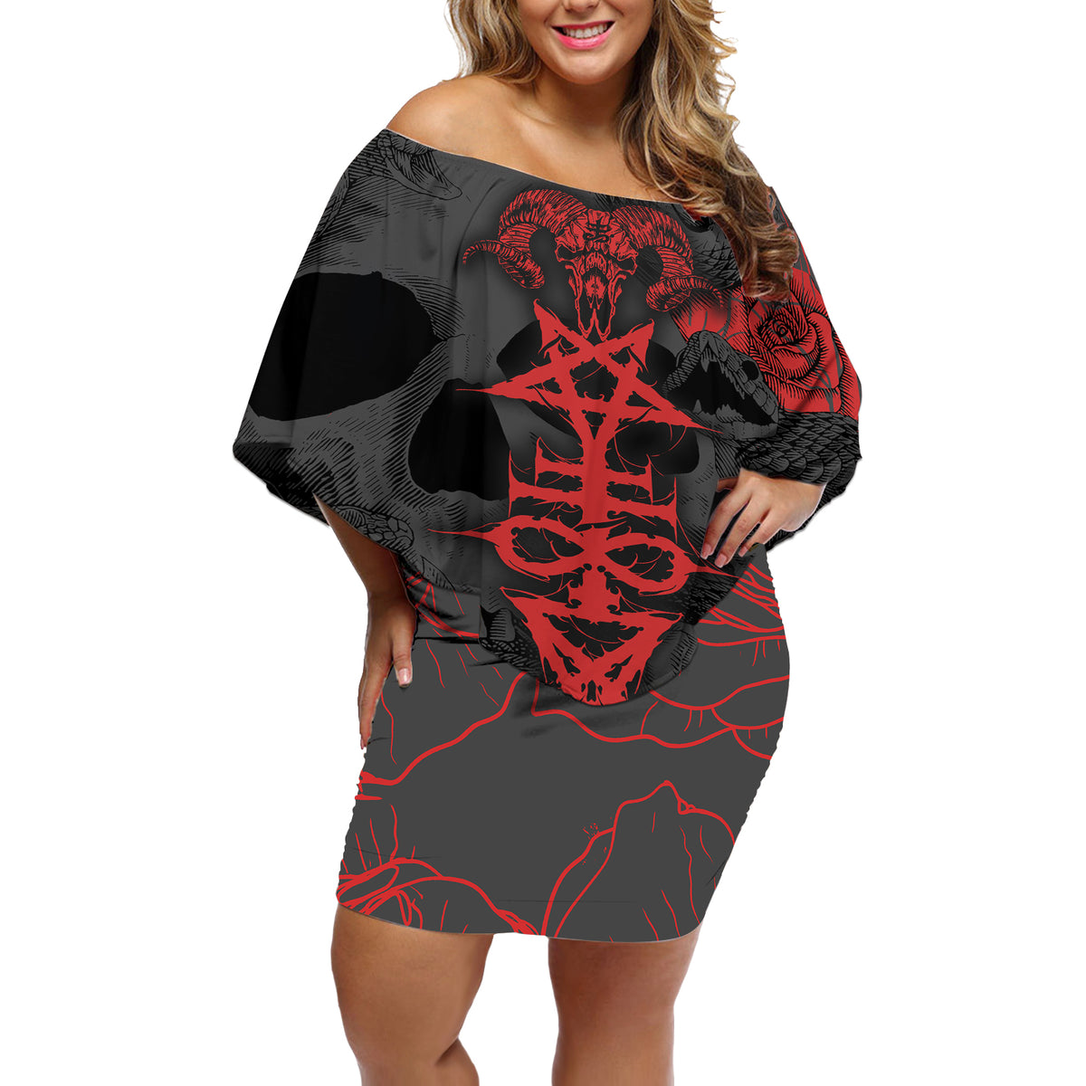 Skull Horror - Satan Symbol Grunge Off Shoulder Short Dress - Wonder Print Shop