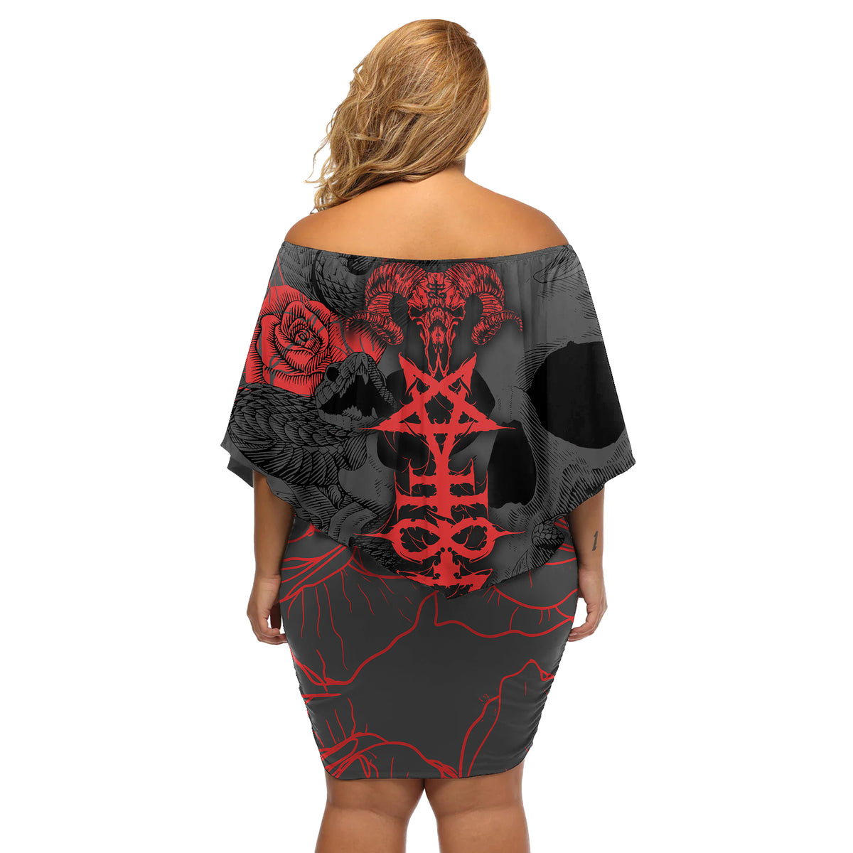 Skull Horror - Satan Symbol Grunge Off Shoulder Short Dress - Wonder Print Shop