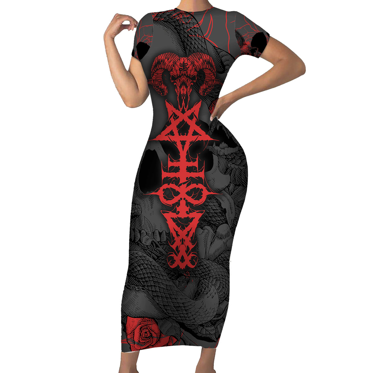 Skull Horror - Satan Symbol Grunge Short Sleeve Bodycon Dress - Wonder Print Shop