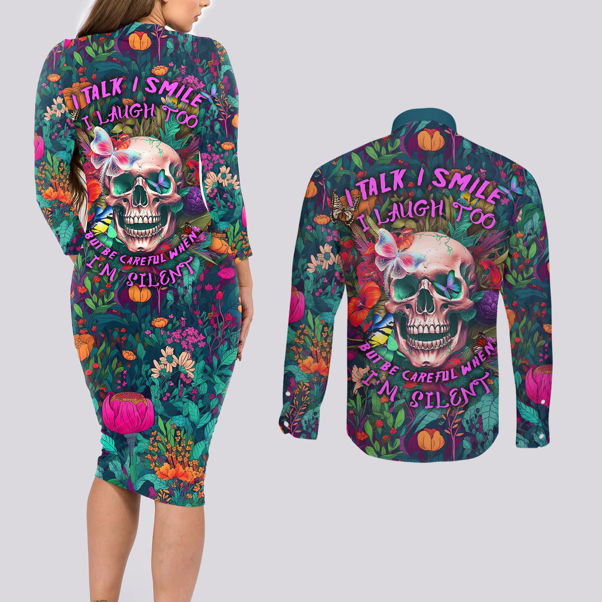 I Talk Is Smile I Laugh Too But Be Careful When I'm Silent Couples Matching Long Sleeve Bodycon Dress and Long Sleeve Button Shirts - Wonder Print Shop