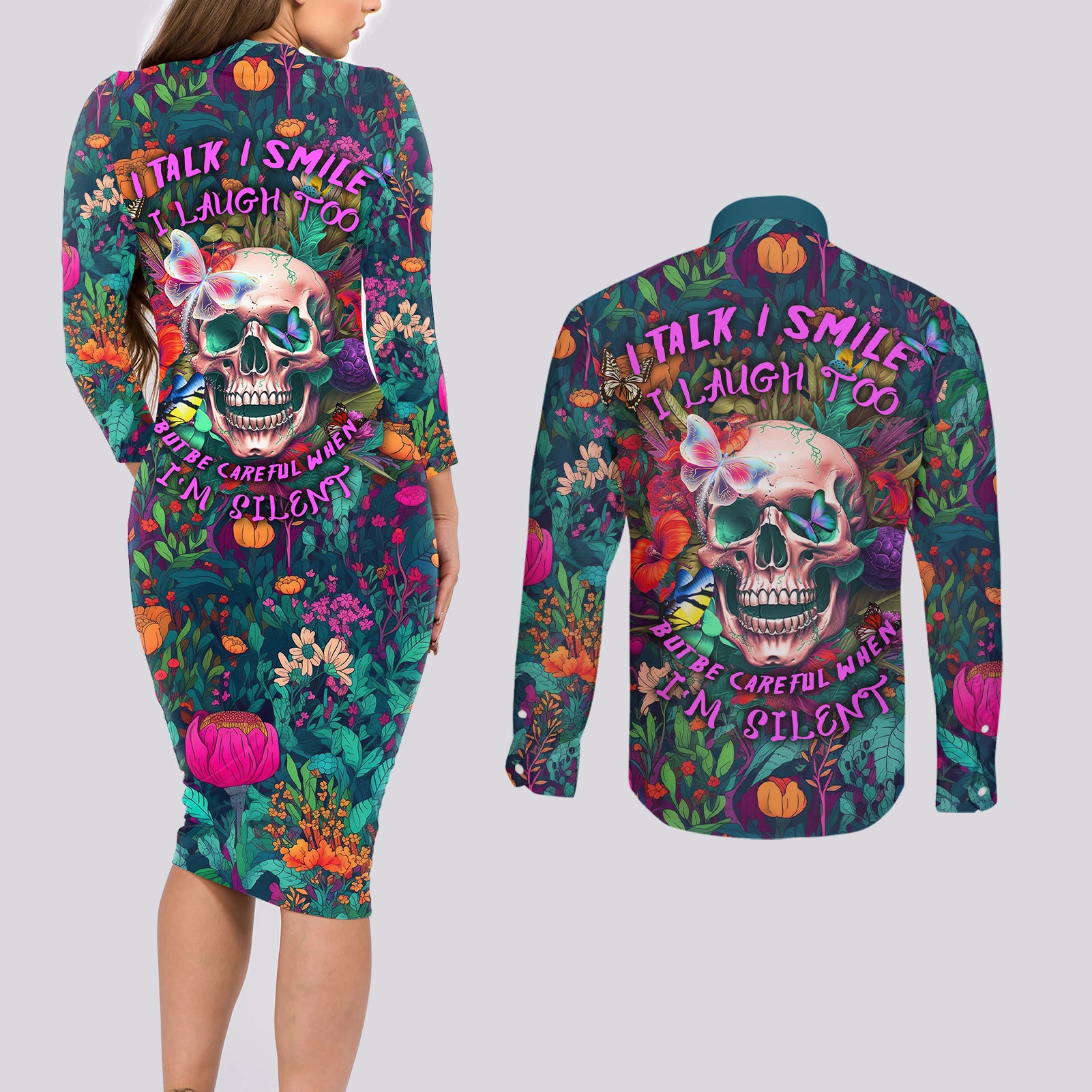 I Talk Is Smile I Laugh Too But Be Careful When I'm Silent Couples Matching Long Sleeve Bodycon Dress and Long Sleeve Button Shirts - Wonder Print Shop