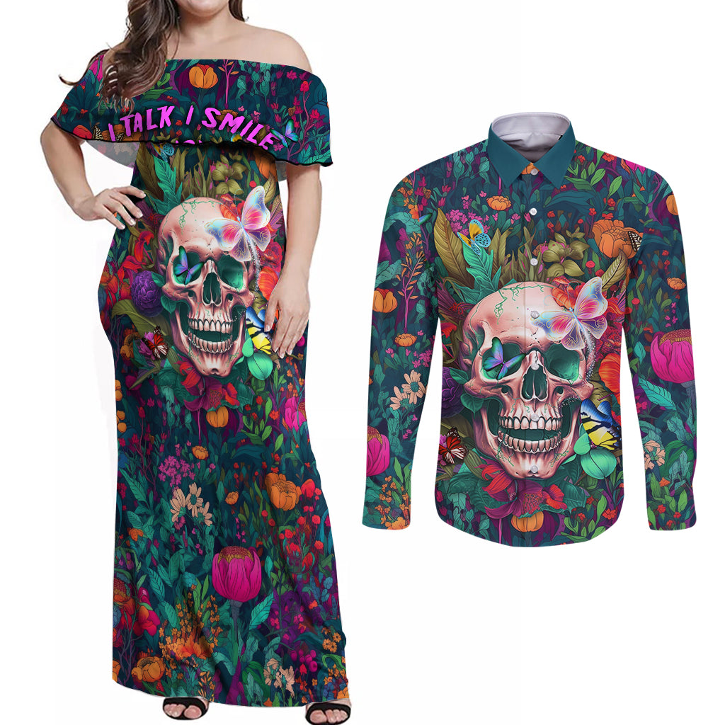 I Talk Is Smile I Laugh Too But Be Careful When I'm Silent Couples Matching Off Shoulder Maxi Dress and Long Sleeve Button Shirts - Wonder Print Shop