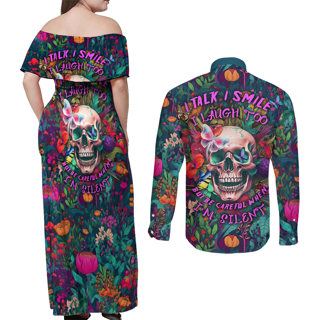 I Talk Is Smile I Laugh Too But Be Careful When I'm Silent Couples Matching Off Shoulder Maxi Dress and Long Sleeve Button Shirts - Wonder Print Shop