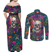 I Talk Is Smile I Laugh Too But Be Careful When I'm Silent Couples Matching Off Shoulder Maxi Dress and Long Sleeve Button Shirts - Wonder Print Shop