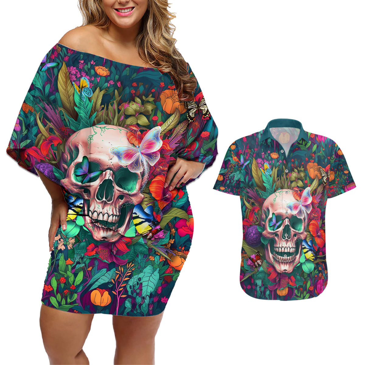 I Talk Is Smile I Laugh Too But Be Careful When I'm Silent Couples Matching Off Shoulder Short Dress and Hawaiian Shirt - Wonder Print Shop