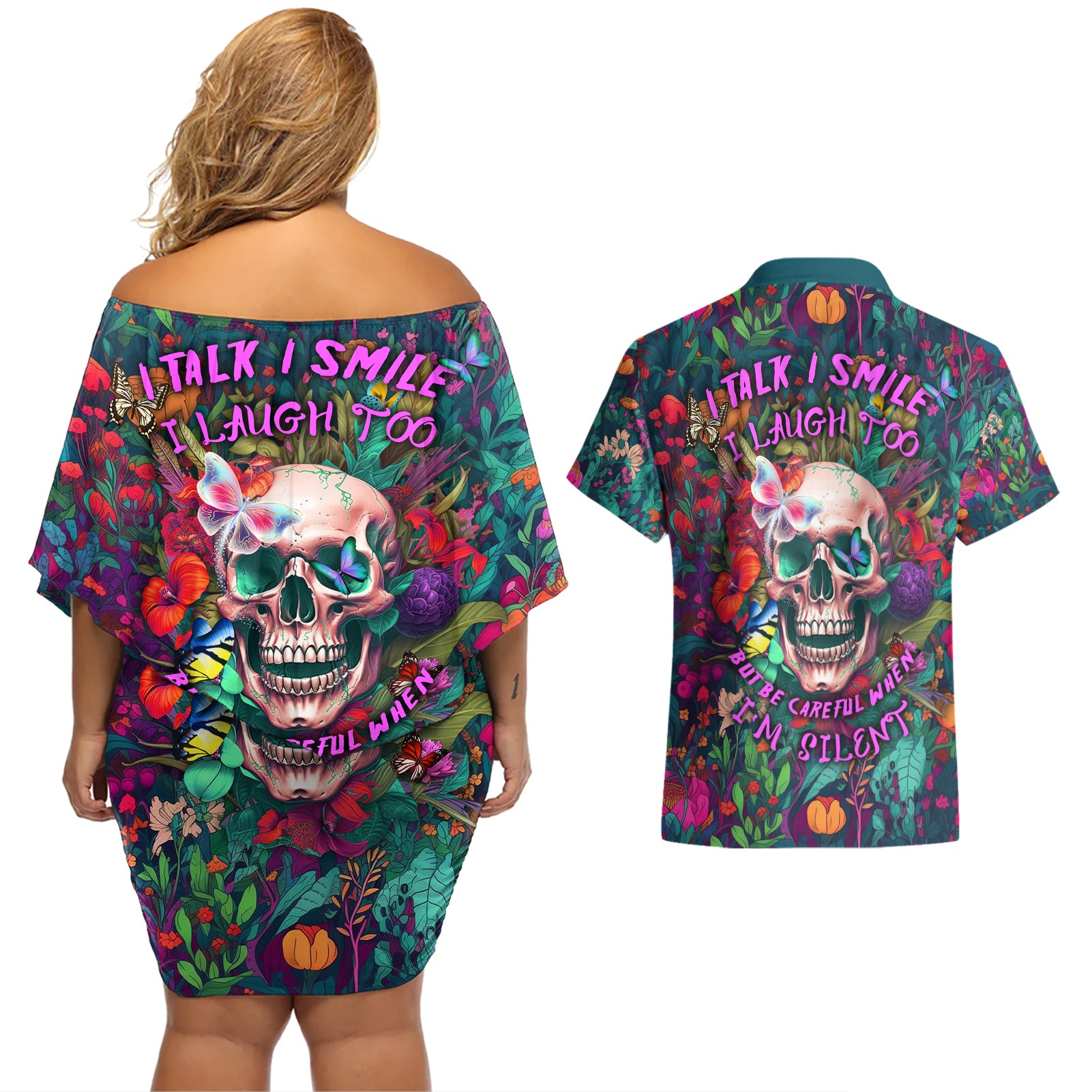 I Talk Is Smile I Laugh Too But Be Careful When I'm Silent Couples Matching Off Shoulder Short Dress and Hawaiian Shirt - Wonder Print Shop