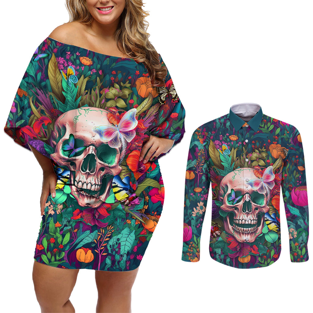 I Talk Is Smile I Laugh Too But Be Careful When I'm Silent Couples Matching Off Shoulder Short Dress and Long Sleeve Button Shirts - Wonder Print Shop