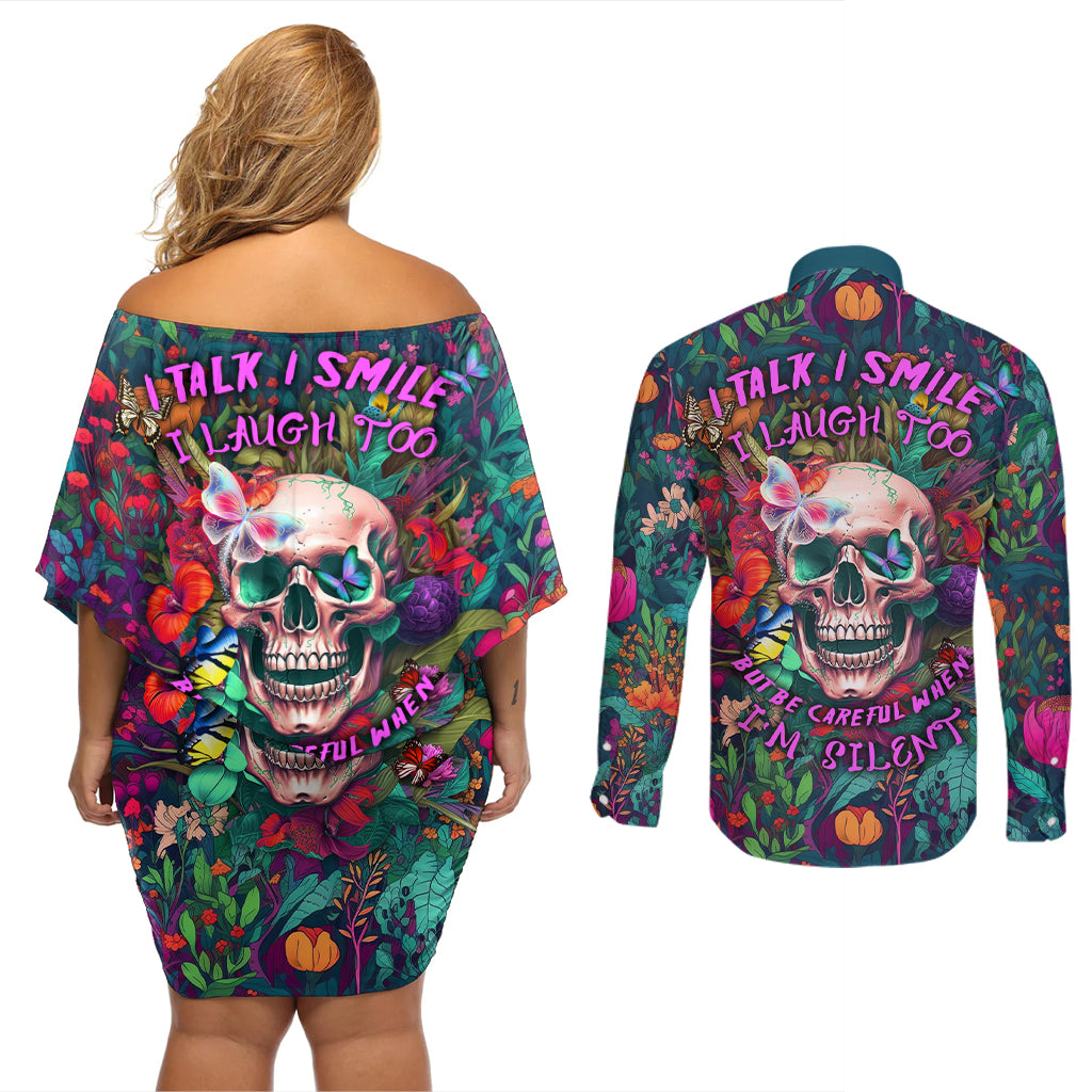 I Talk Is Smile I Laugh Too But Be Careful When I'm Silent Couples Matching Off Shoulder Short Dress and Long Sleeve Button Shirts - Wonder Print Shop