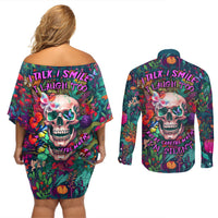 I Talk Is Smile I Laugh Too But Be Careful When I'm Silent Couples Matching Off Shoulder Short Dress and Long Sleeve Button Shirts - Wonder Print Shop