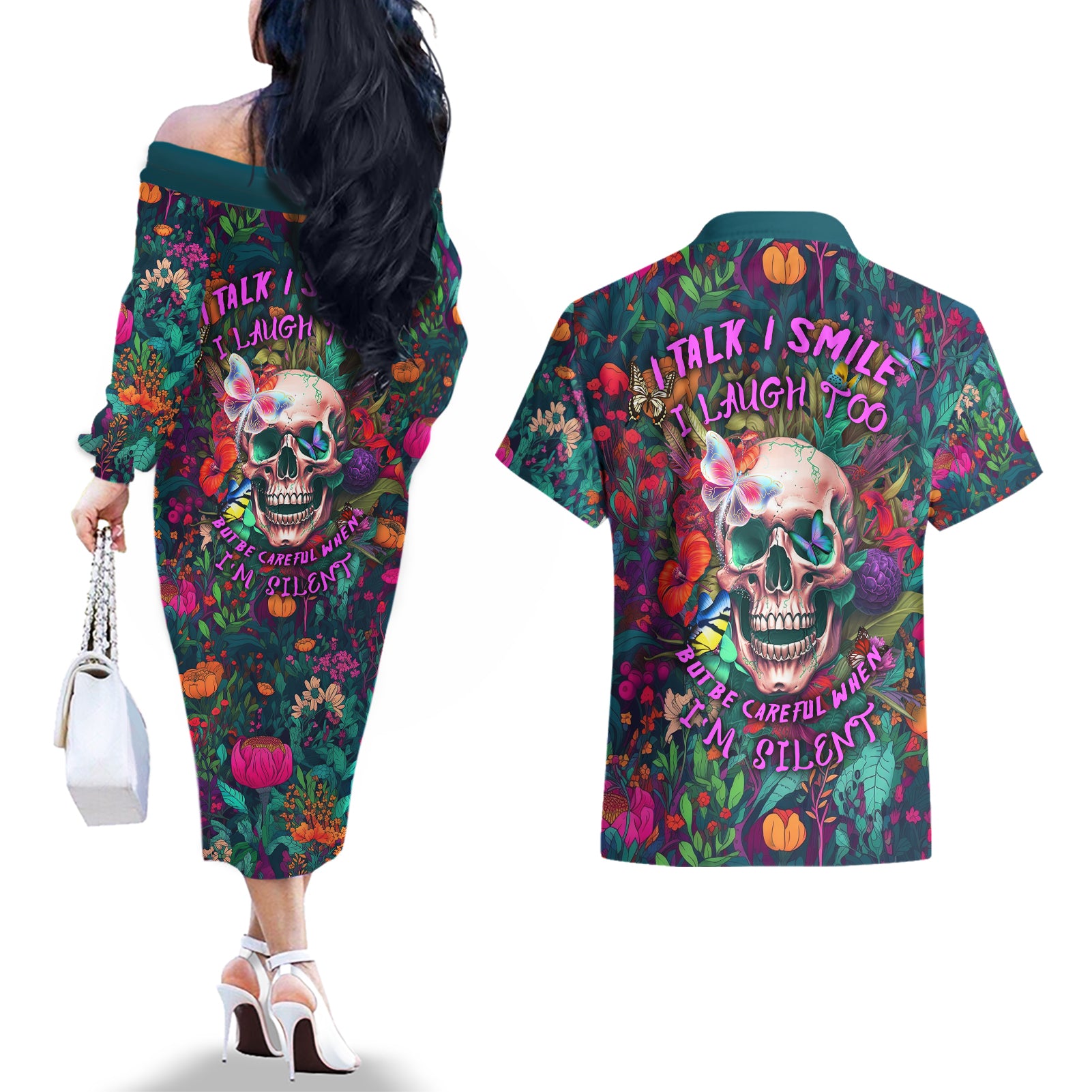 I Talk Is Smile I Laugh Too But Be Careful When I'm Silent Couples Matching Off The Shoulder Long Sleeve Dress and Hawaiian Shirt - Wonder Print Shop