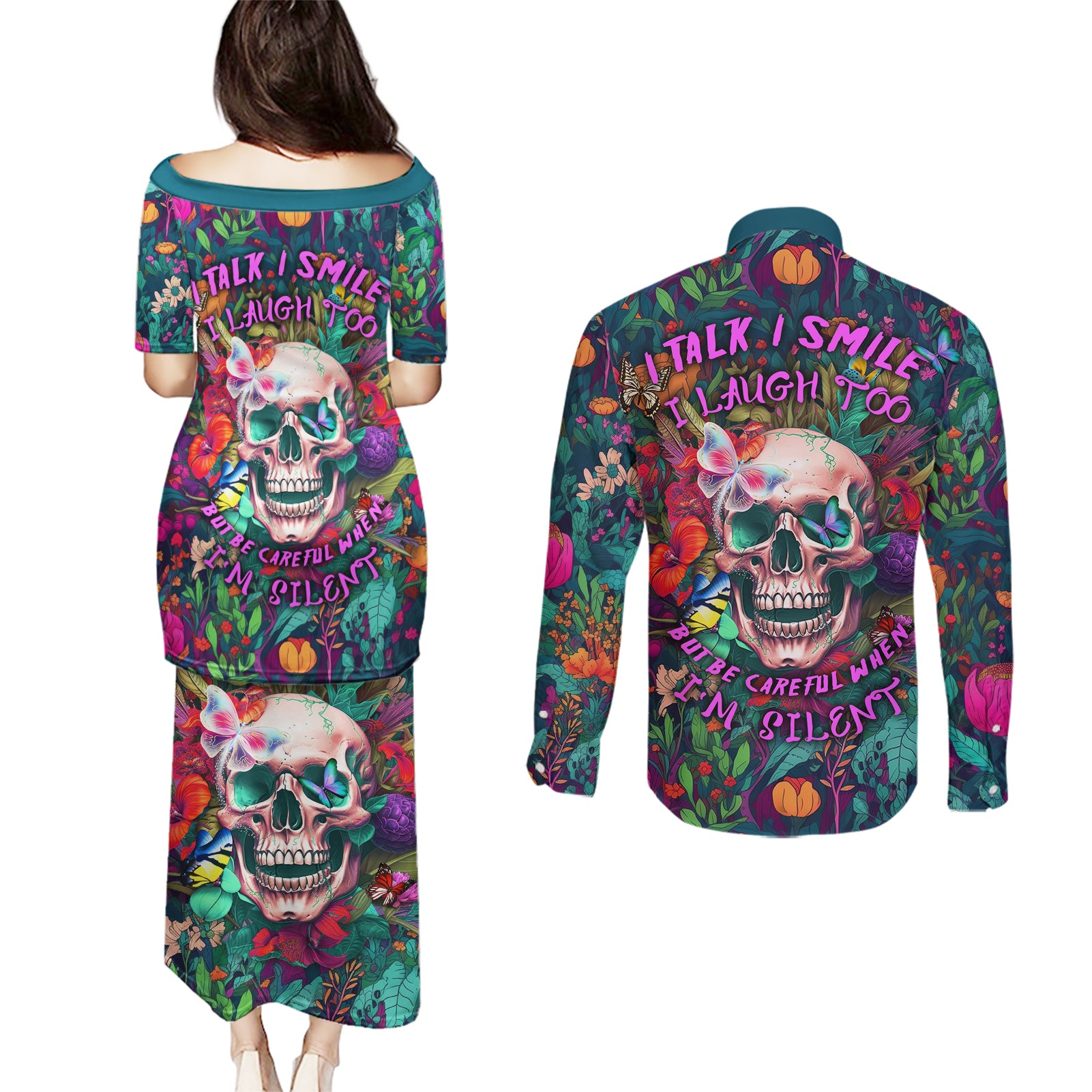 I Talk Is Smile I Laugh Too But Be Careful When I'm Silent Couples Matching Puletasi Dress and Long Sleeve Button Shirts - Wonder Print Shop