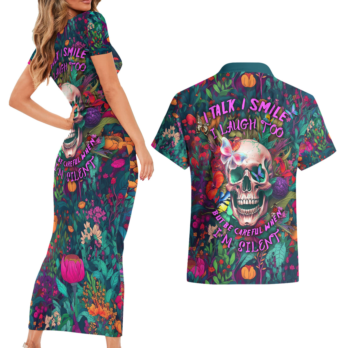 I Talk Is Smile I Laugh Too But Be Careful When I'm Silent Couples Matching Short Sleeve Bodycon Dress and Hawaiian Shirt - Wonder Print Shop