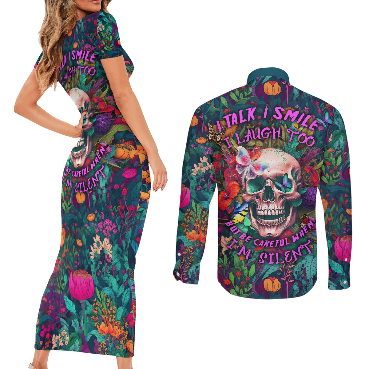 I Talk Is Smile I Laugh Too But Be Careful When I'm Silent Couples Matching Short Sleeve Bodycon Dress and Long Sleeve Button Shirts - Wonder Print Shop
