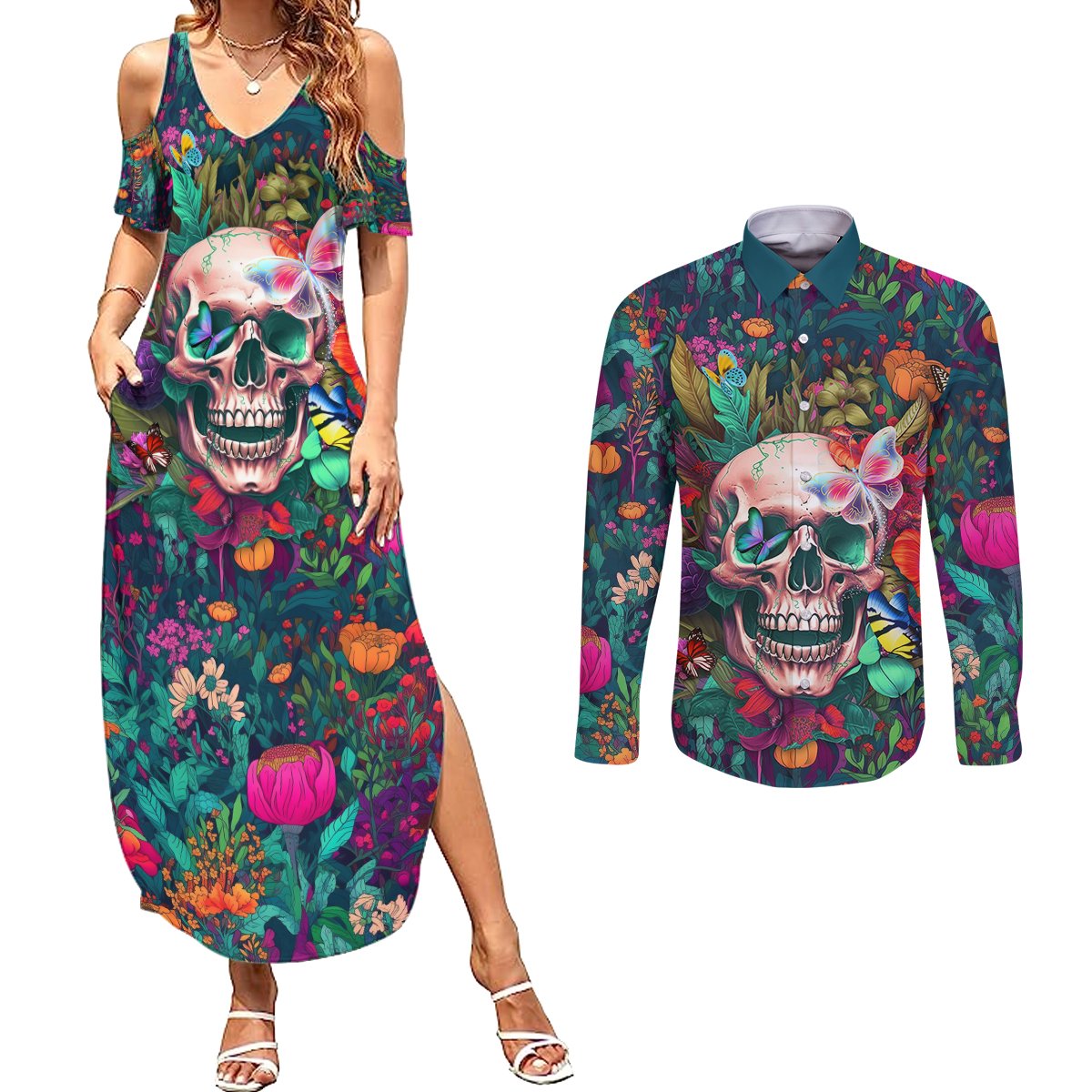 I Talk Is Smile I Laugh Too But Be Careful When I'm Silent Couples Matching Summer Maxi Dress and Long Sleeve Button Shirts - Wonder Print Shop