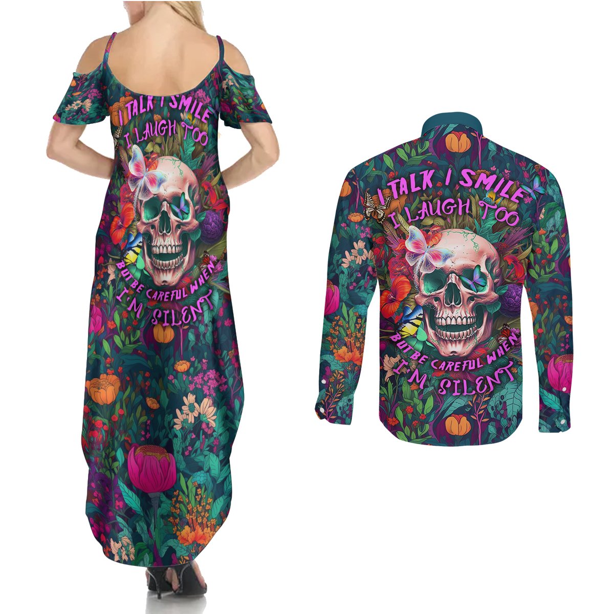 I Talk Is Smile I Laugh Too But Be Careful When I'm Silent Couples Matching Summer Maxi Dress and Long Sleeve Button Shirts - Wonder Print Shop