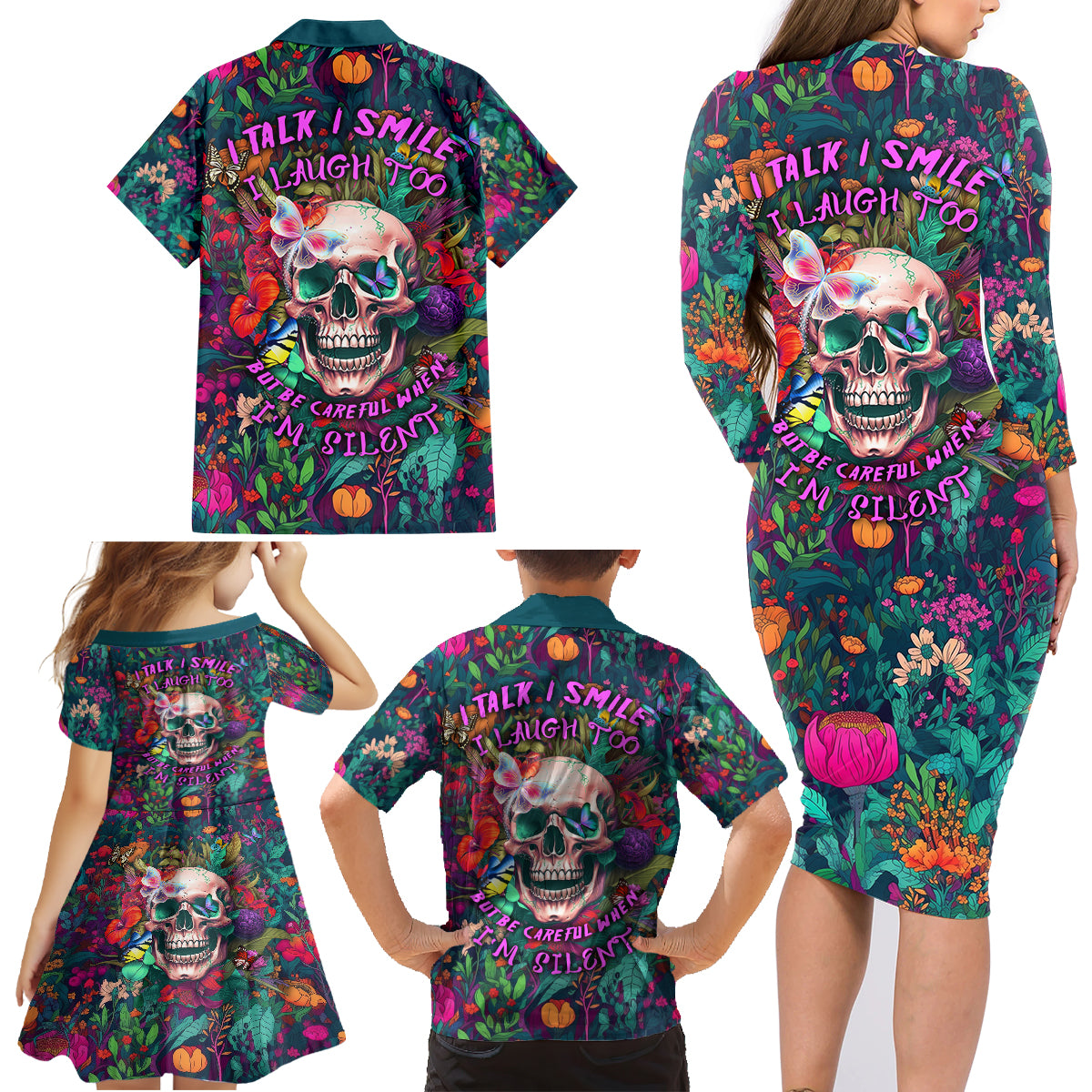 I Talk Is Smile I Laugh Too But Be Careful When I'm Silent Family Matching Long Sleeve Bodycon Dress and Hawaiian Shirt - Wonder Print Shop