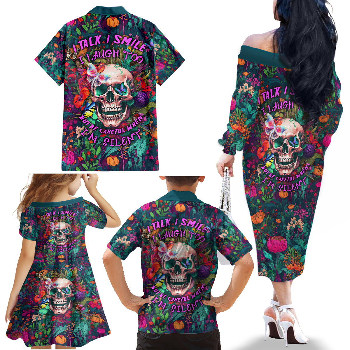 I Talk Is Smile I Laugh Too But Be Careful When I'm Silent Family Matching Off Shoulder Long Sleeve Dress and Hawaiian Shirt - Wonder Print Shop