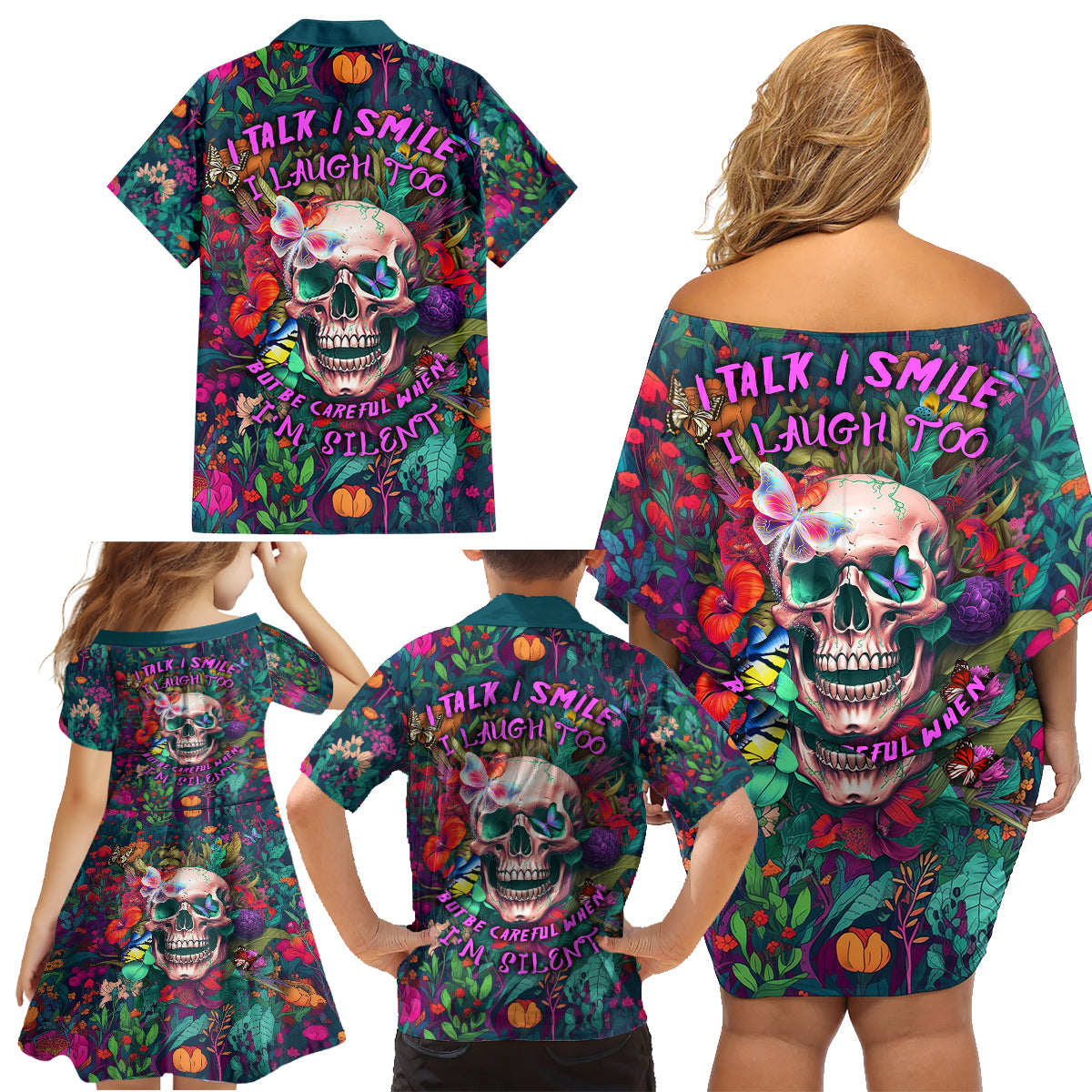 I Talk Is Smile I Laugh Too But Be Careful When I'm Silent Family Matching Off Shoulder Short Dress and Hawaiian Shirt - Wonder Print Shop