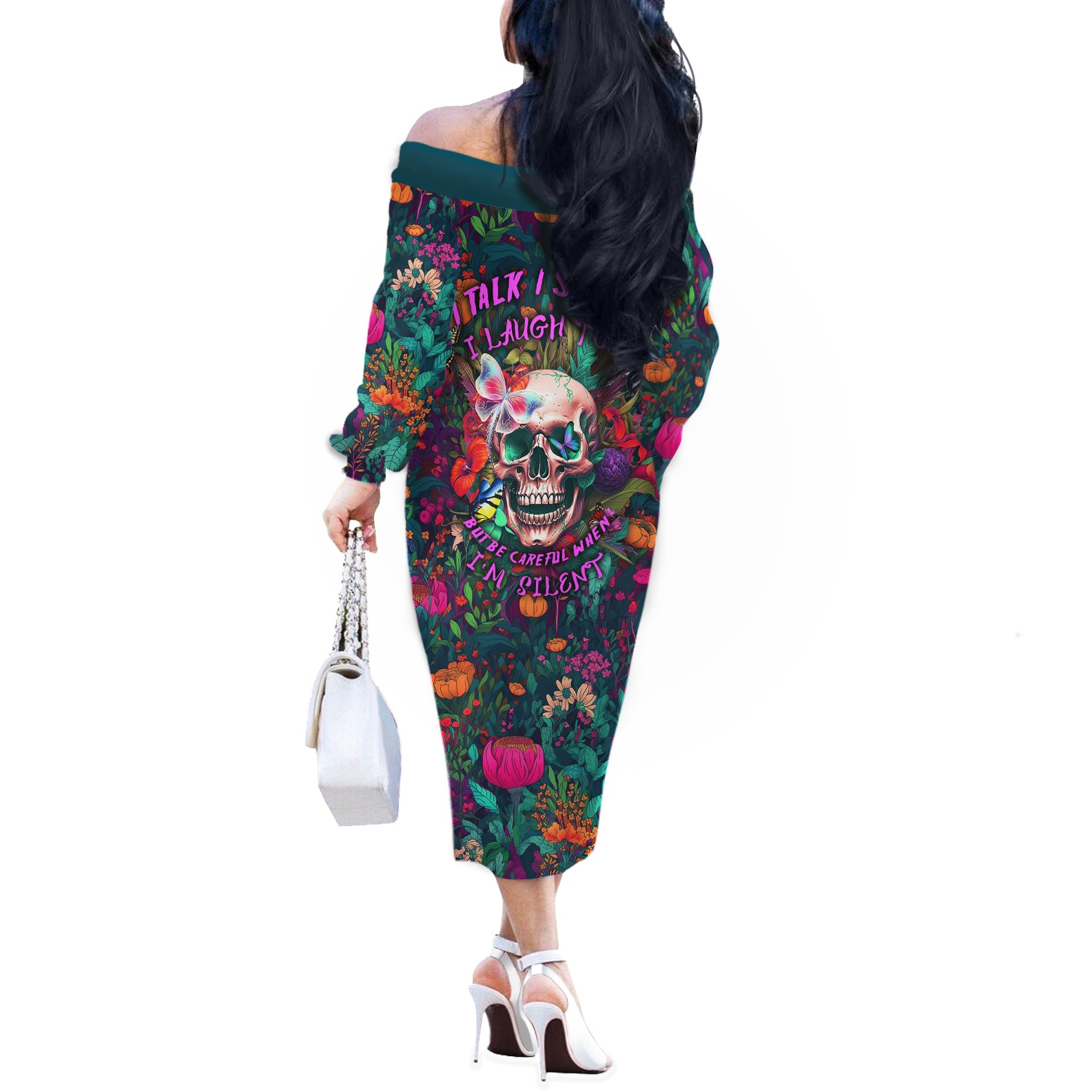 I Talk Is Smile I Laugh Too But Be Careful When I'm Silent Off The Shoulder Long Sleeve Dress - Wonder Print Shop