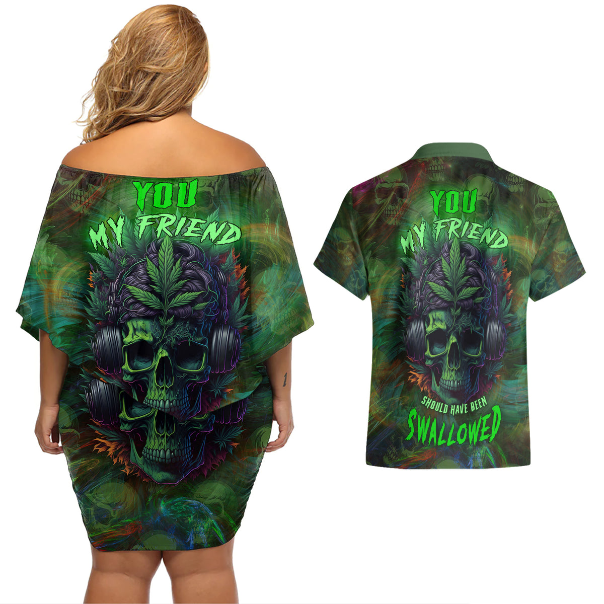 You My Friend Should Have Been Swallowed Couples Matching Off Shoulder Short Dress and Hawaiian Shirt - Wonder Print Shop