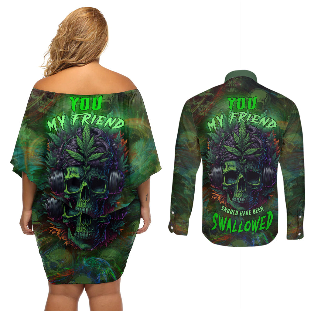 You My Friend Should Have Been Swallowed Couples Matching Off Shoulder Short Dress and Long Sleeve Button Shirts - Wonder Print Shop