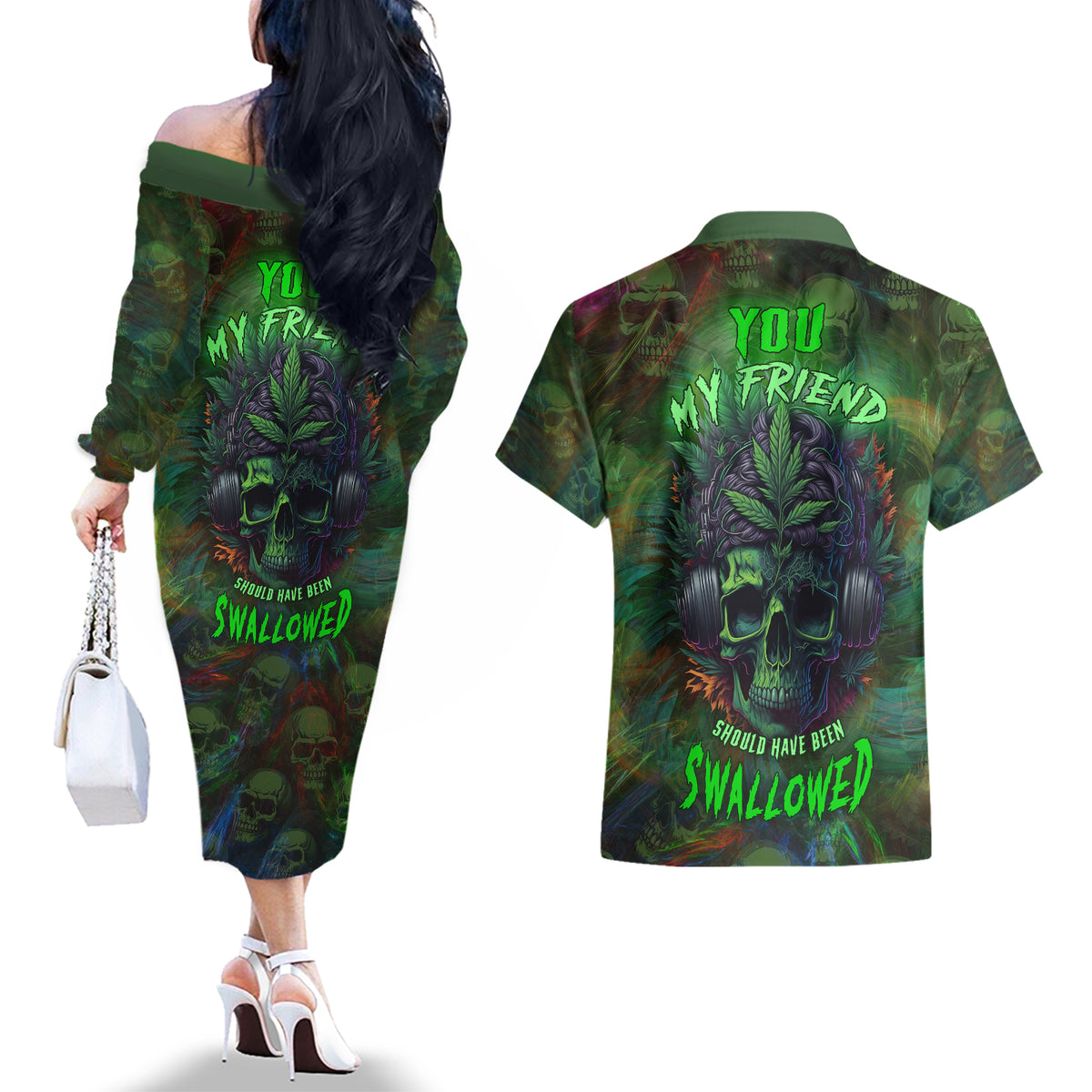 You My Friend Should Have Been Swallowed Couples Matching Off The Shoulder Long Sleeve Dress and Hawaiian Shirt - Wonder Print Shop
