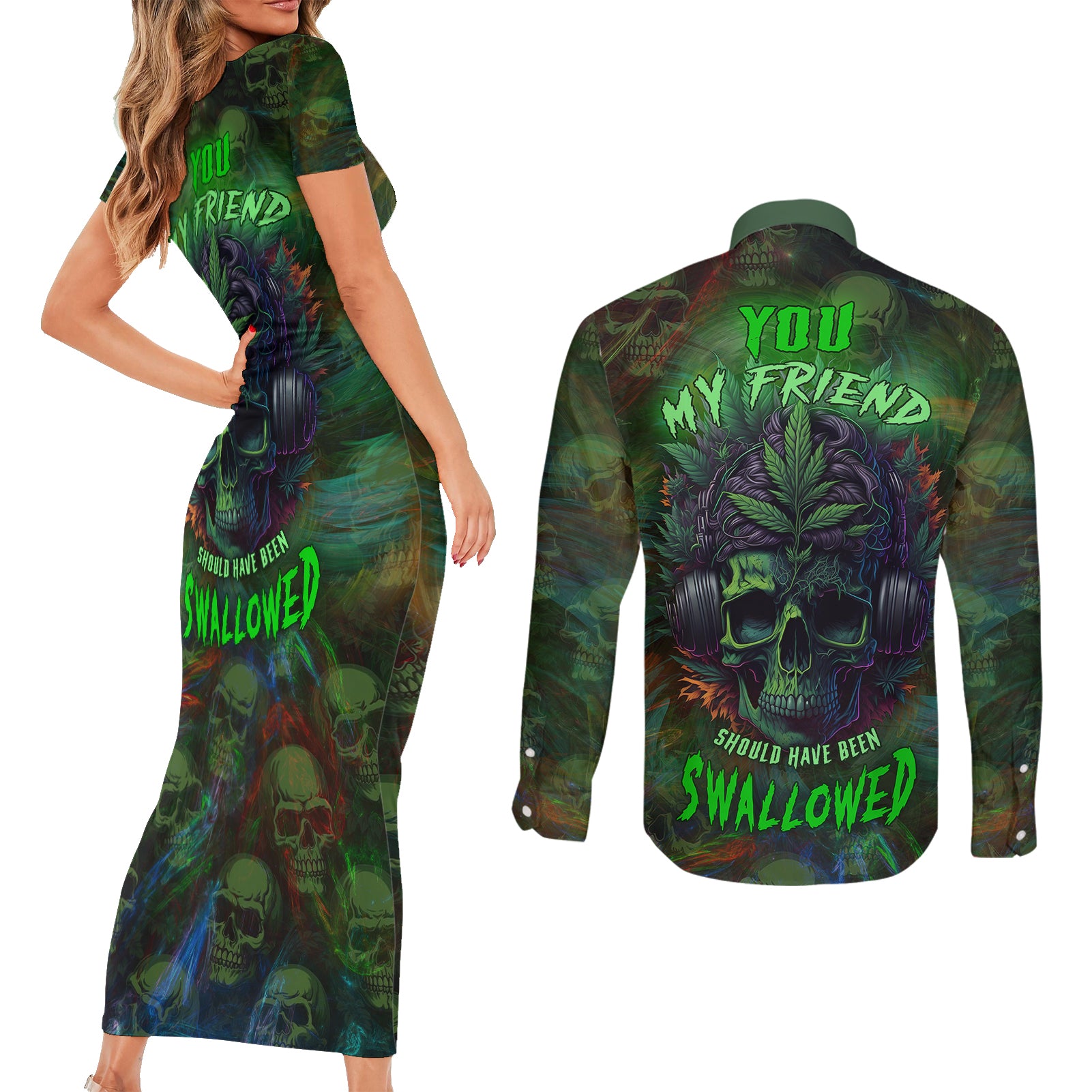 You My Friend Should Have Been Swallowed Couples Matching Short Sleeve Bodycon Dress and Long Sleeve Button Shirts - Wonder Print Shop