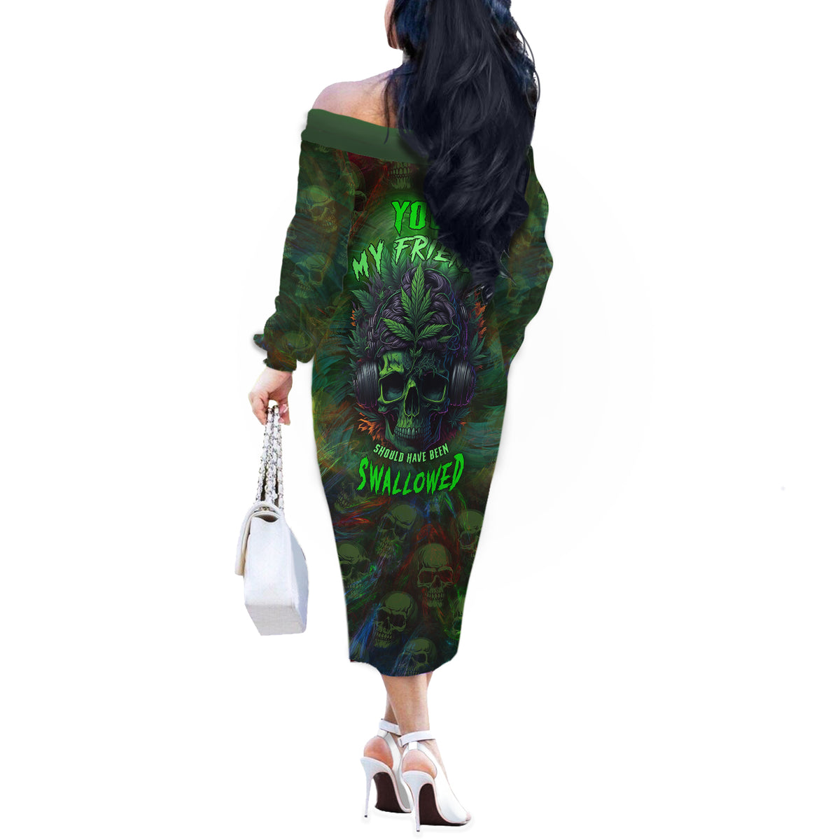 You My Friend Should Have Been Swallowed Off The Shoulder Long Sleeve Dress - Wonder Print Shop