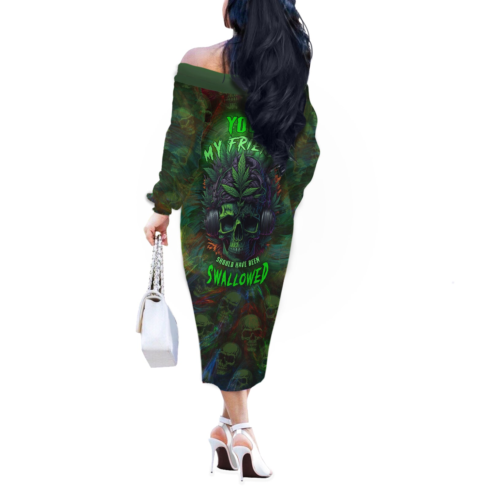 You My Friend Should Have Been Swallowed Off The Shoulder Long Sleeve Dress - Wonder Print Shop