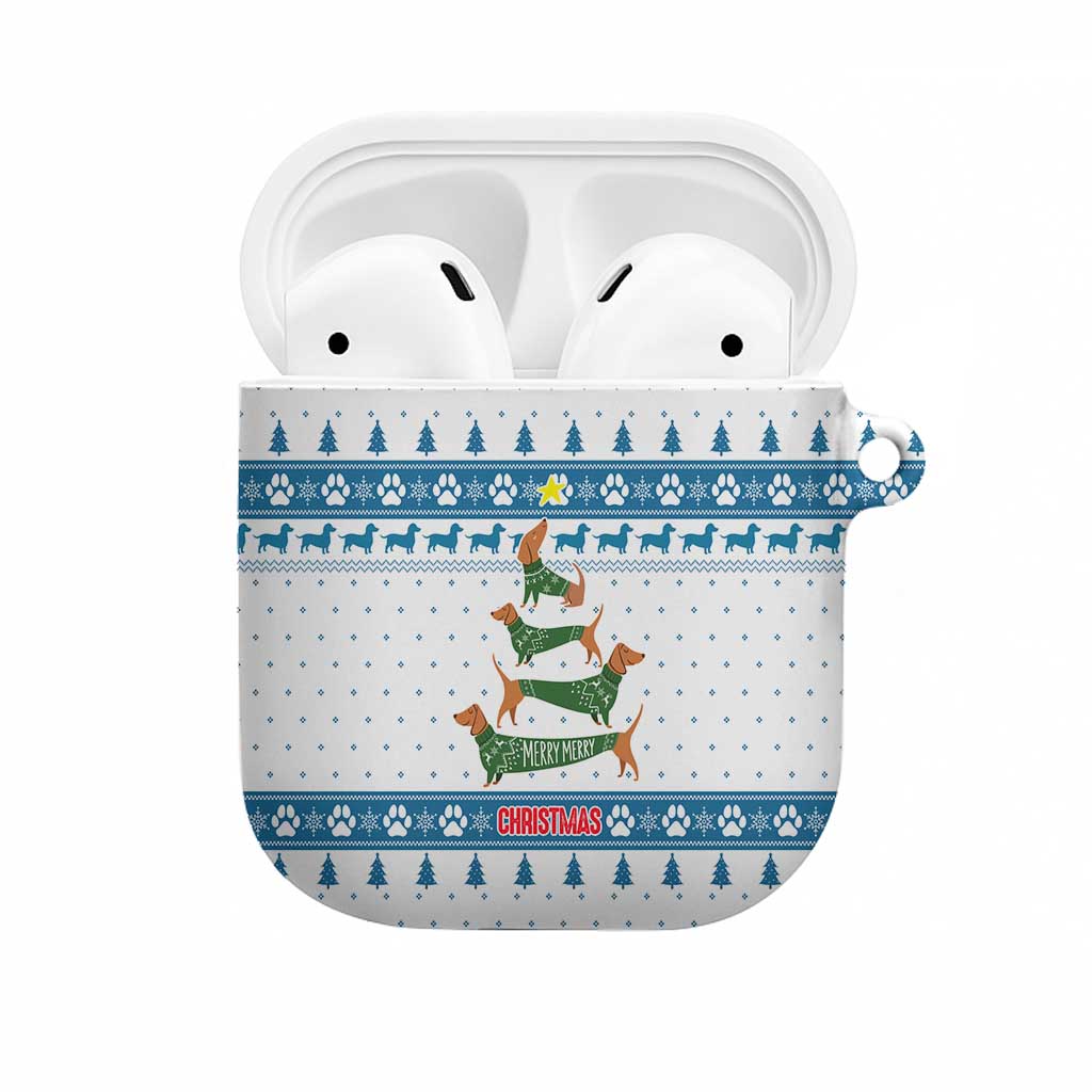 Dachshund Dog Tree Stack AirPods Case with Blue White Paw Print Pattern Design - Wonder Print Shop
