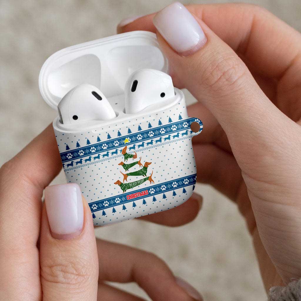 Dachshund Dog Tree Stack AirPods Case with Blue White Paw Print Pattern Design - Wonder Print Shop