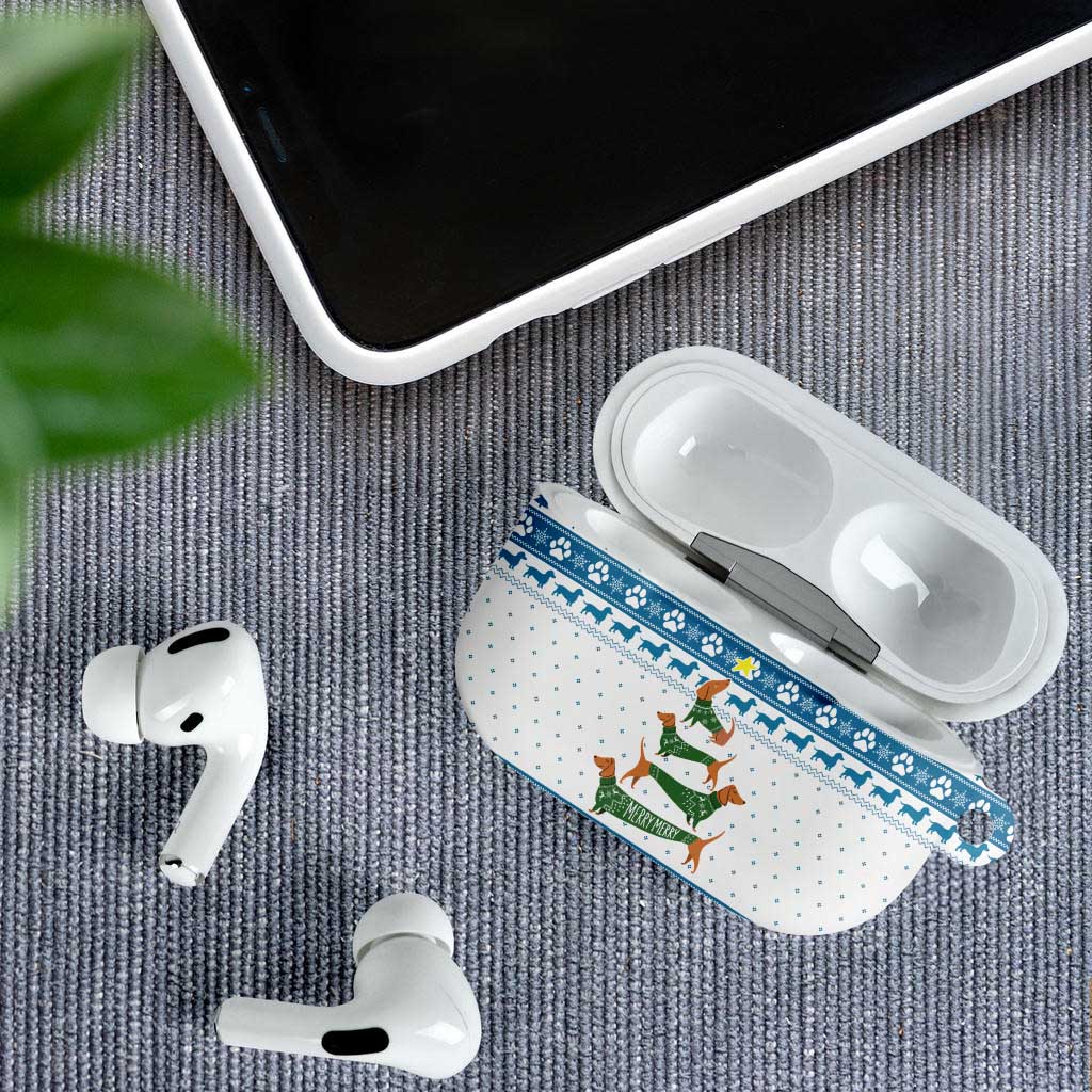 Dachshund Dog Tree Stack AirPods Case with Blue White Paw Print Pattern Design - Wonder Print Shop