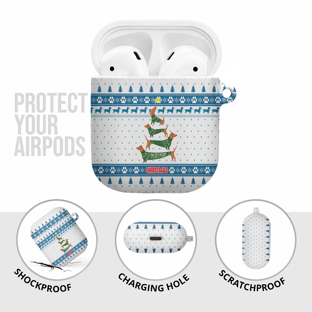 Dachshund Dog Tree Stack AirPods Case with Blue White Paw Print Pattern Design - Wonder Print Shop