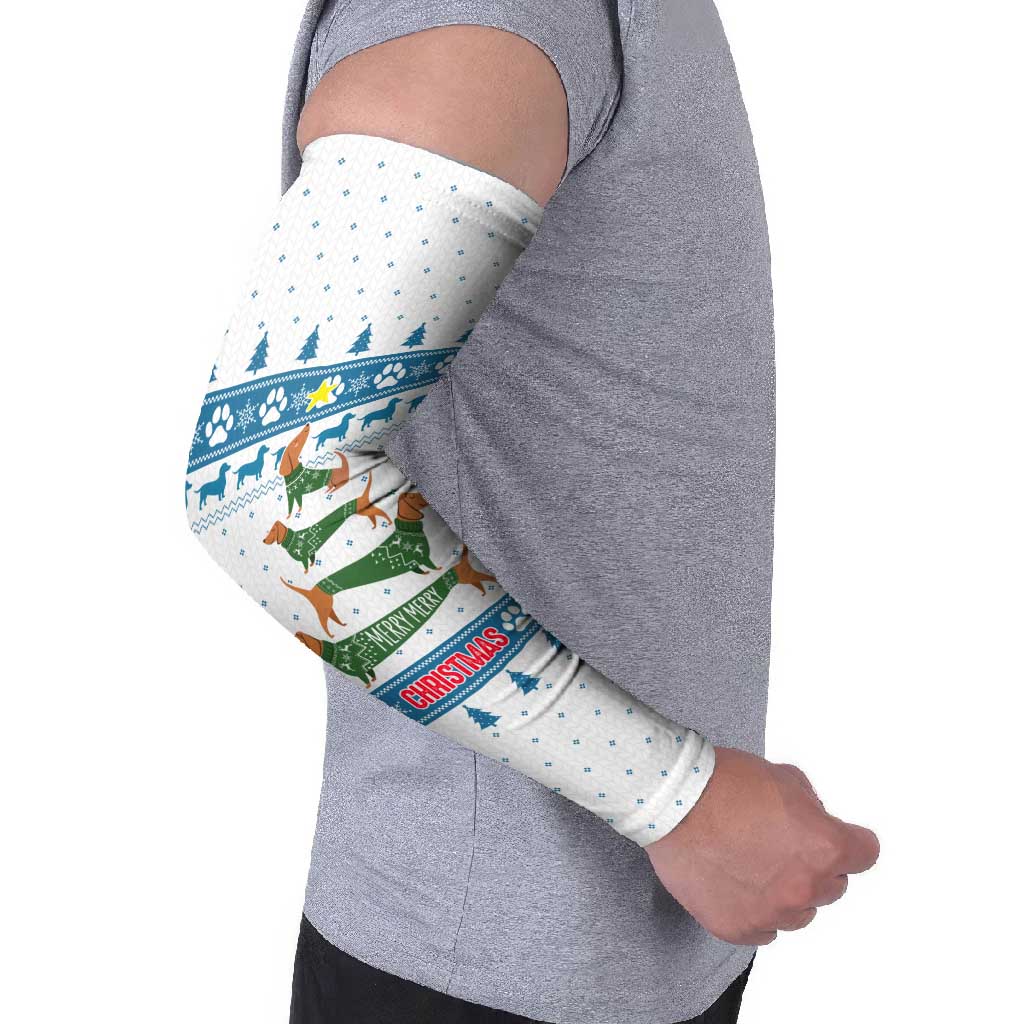Dachshund Dog Tree Stack Arm Sleeves with Blue White Paw Print Pattern Design - Wonder Print Shop