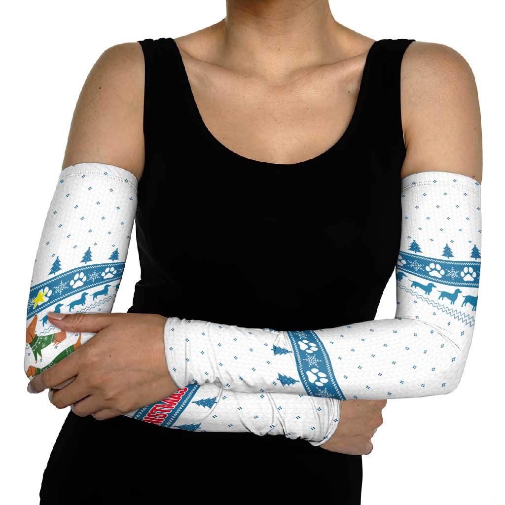 Dachshund Dog Tree Stack Arm Sleeves with Blue White Paw Print Pattern Design - Wonder Print Shop