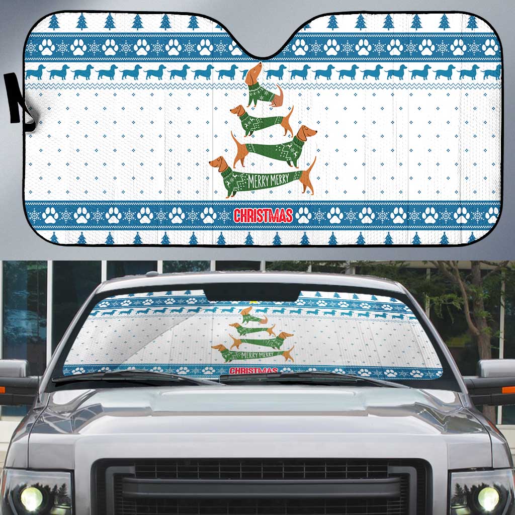 Dachshund Dog Tree Stack Auto Sun Shade with Blue White Paw Print Pattern Design - Wonder Print Shop