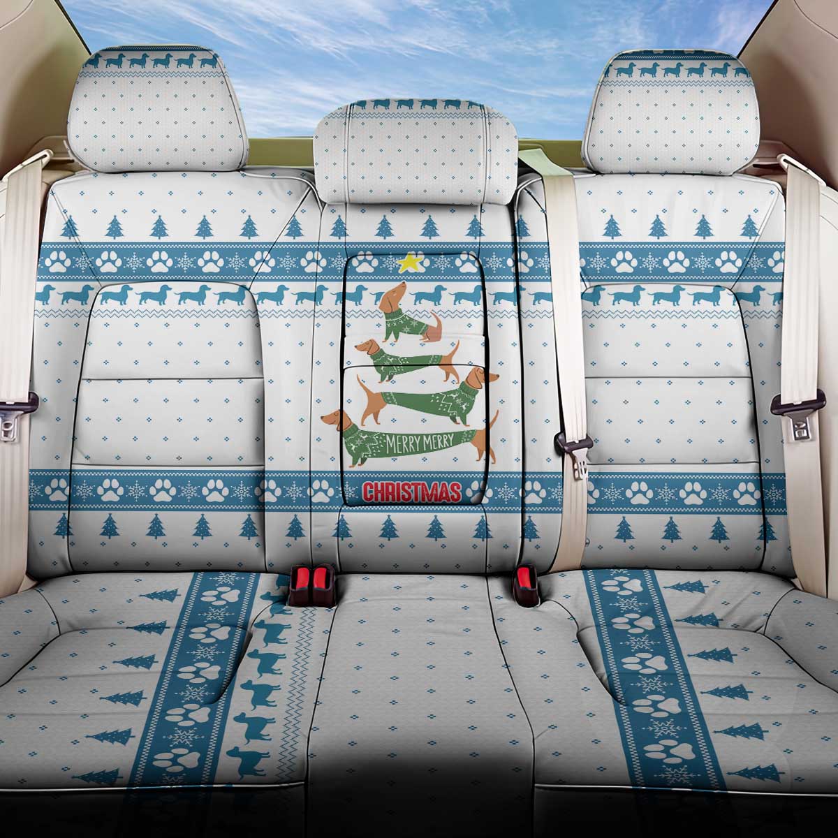 Dachshund Dog Tree Stack Back Car Seat Cover with Blue White Paw Print Pattern Design - Wonder Print Shop