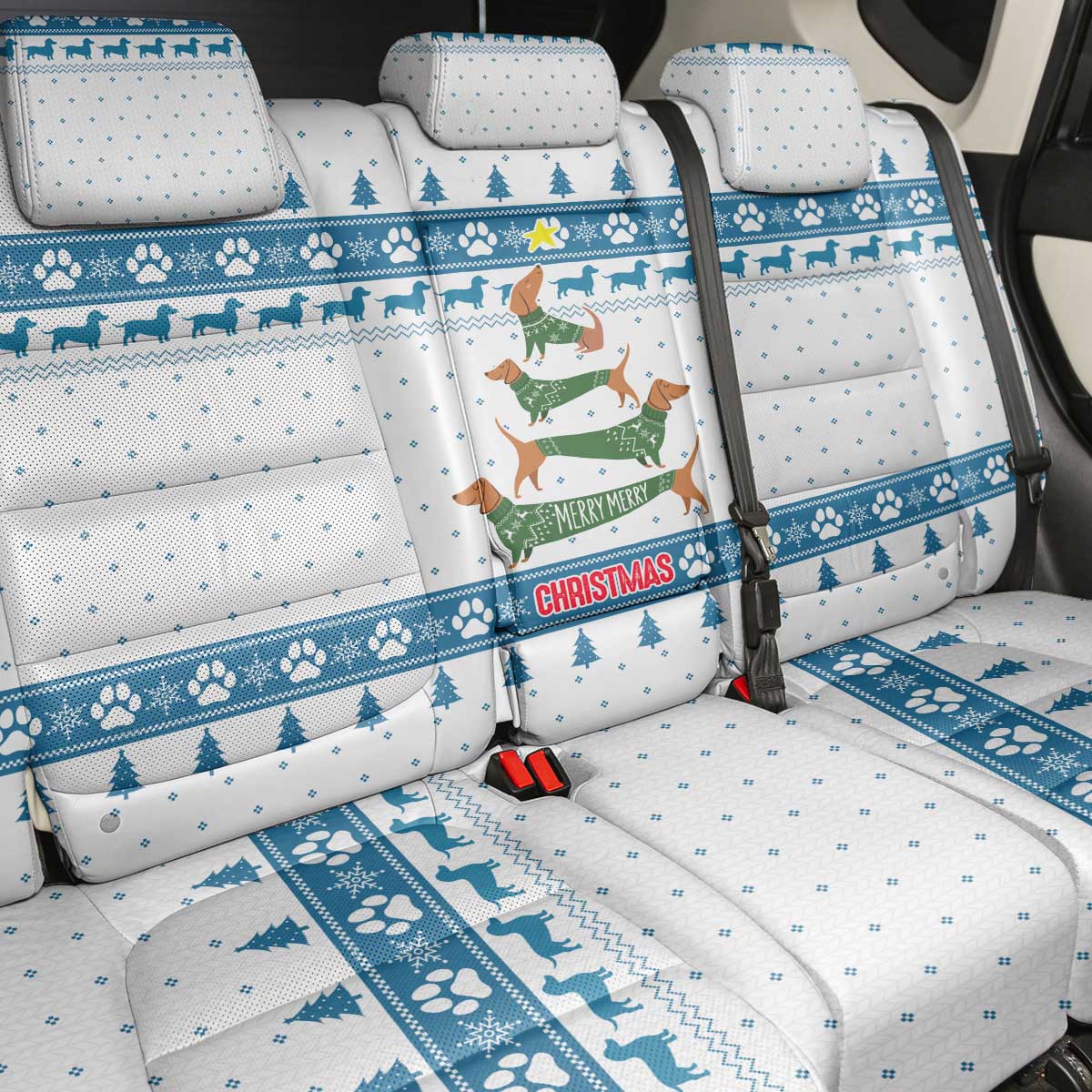 Dachshund Dog Tree Stack Back Car Seat Cover with Blue White Paw Print Pattern Design - Wonder Print Shop