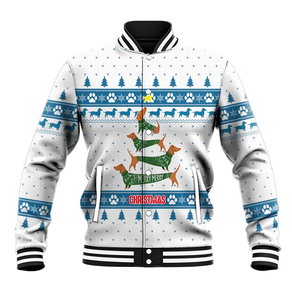Dachshund Dog Tree Stack Baseball Jacket with Blue White Paw Print Pattern Design - Wonder Print Shop