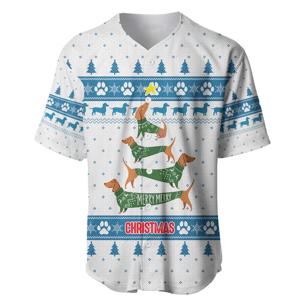Dachshund Dog Tree Stack Baseball Jersey with Blue White Paw Print Pattern Design - Wonder Print Shop