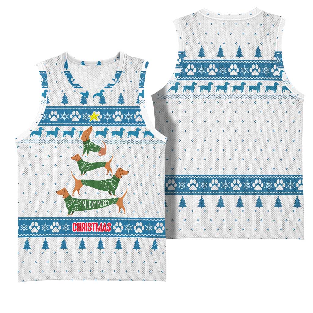 Dachshund Dog Tree Stack Basketball Jersey with Blue White Paw Print Pattern Design - Wonder Print Shop
