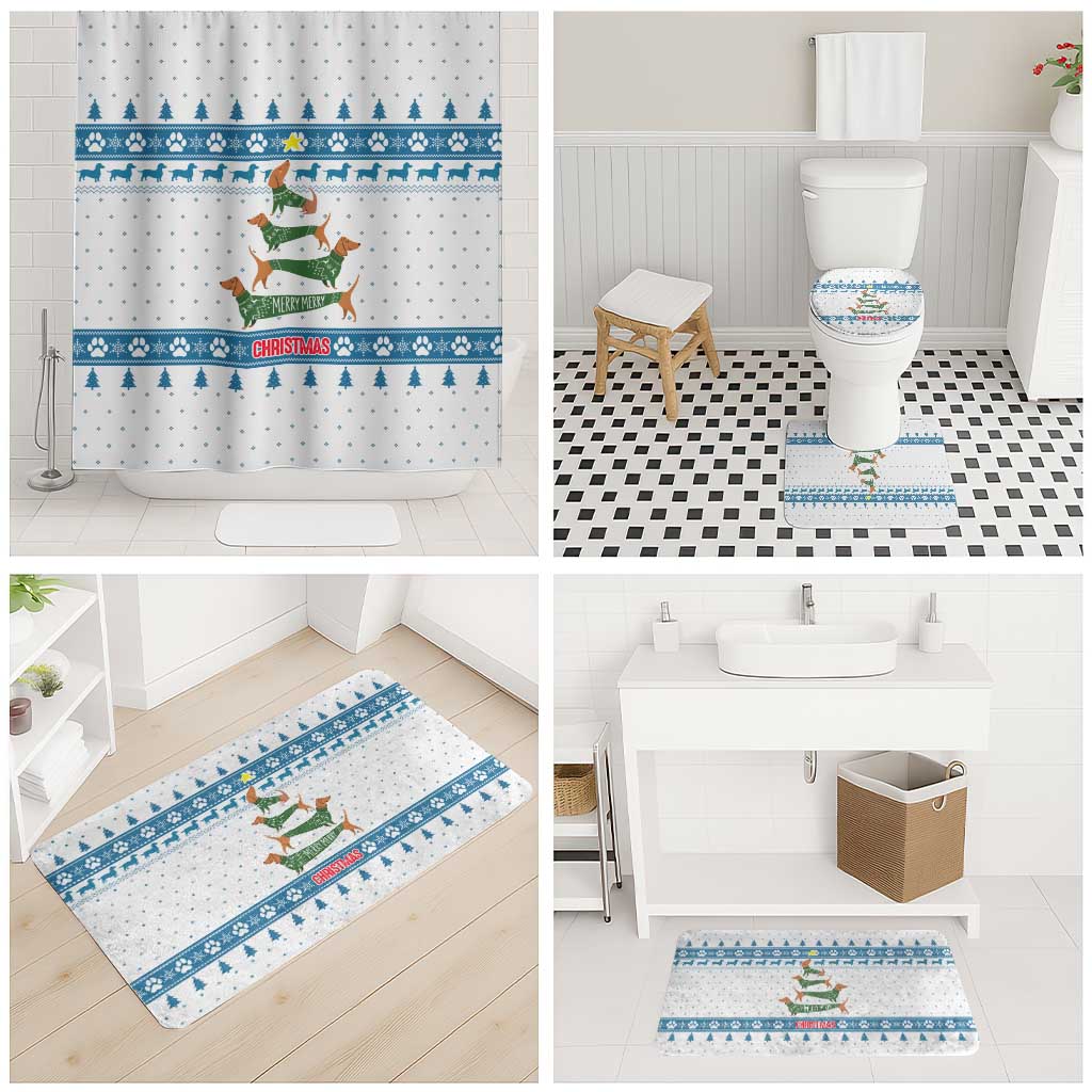 Dachshund Dog Tree Stack Bathroom Set with Blue White Paw Print Pattern Design - Wonder Print Shop