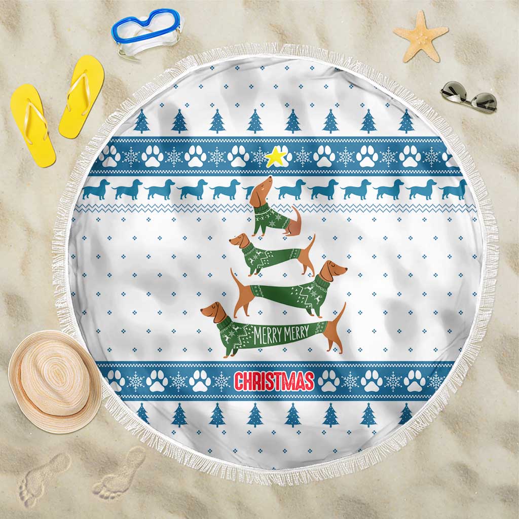 Dachshund Dog Tree Stack Beach Blanket with Blue White Paw Print Pattern Design - Wonder Print Shop