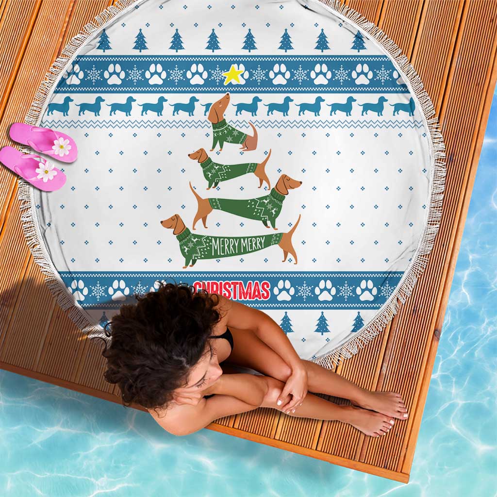 Dachshund Dog Tree Stack Beach Blanket with Blue White Paw Print Pattern Design - Wonder Print Shop