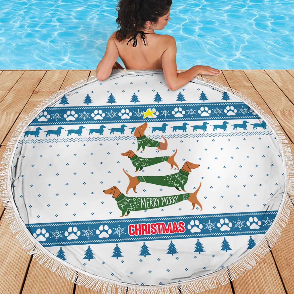 Dachshund Dog Tree Stack Beach Blanket with Blue White Paw Print Pattern Design - Wonder Print Shop