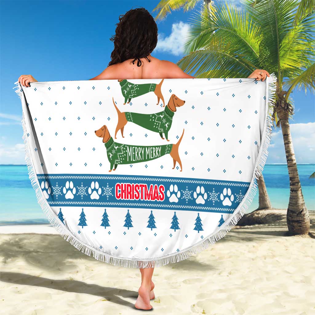 Dachshund Dog Tree Stack Beach Blanket with Blue White Paw Print Pattern Design - Wonder Print Shop