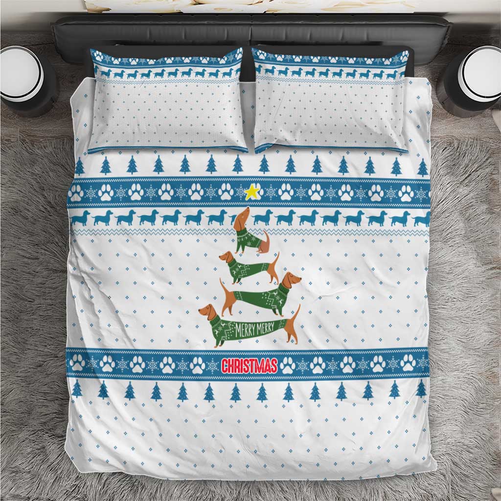 Dachshund Dog Tree Stack Bedding Set with Blue White Paw Print Pattern Design - Wonder Print Shop