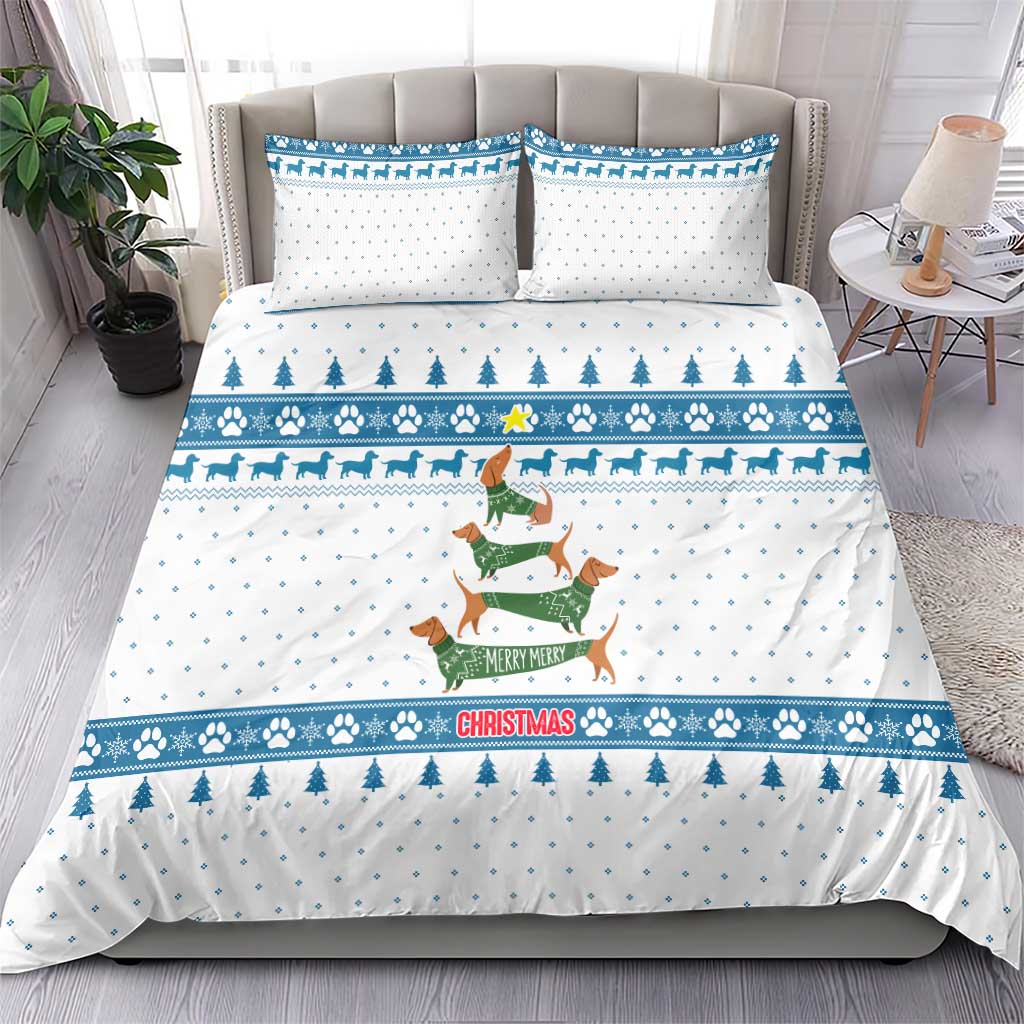 Dachshund Dog Tree Stack Bedding Set with Blue White Paw Print Pattern Design - Wonder Print Shop