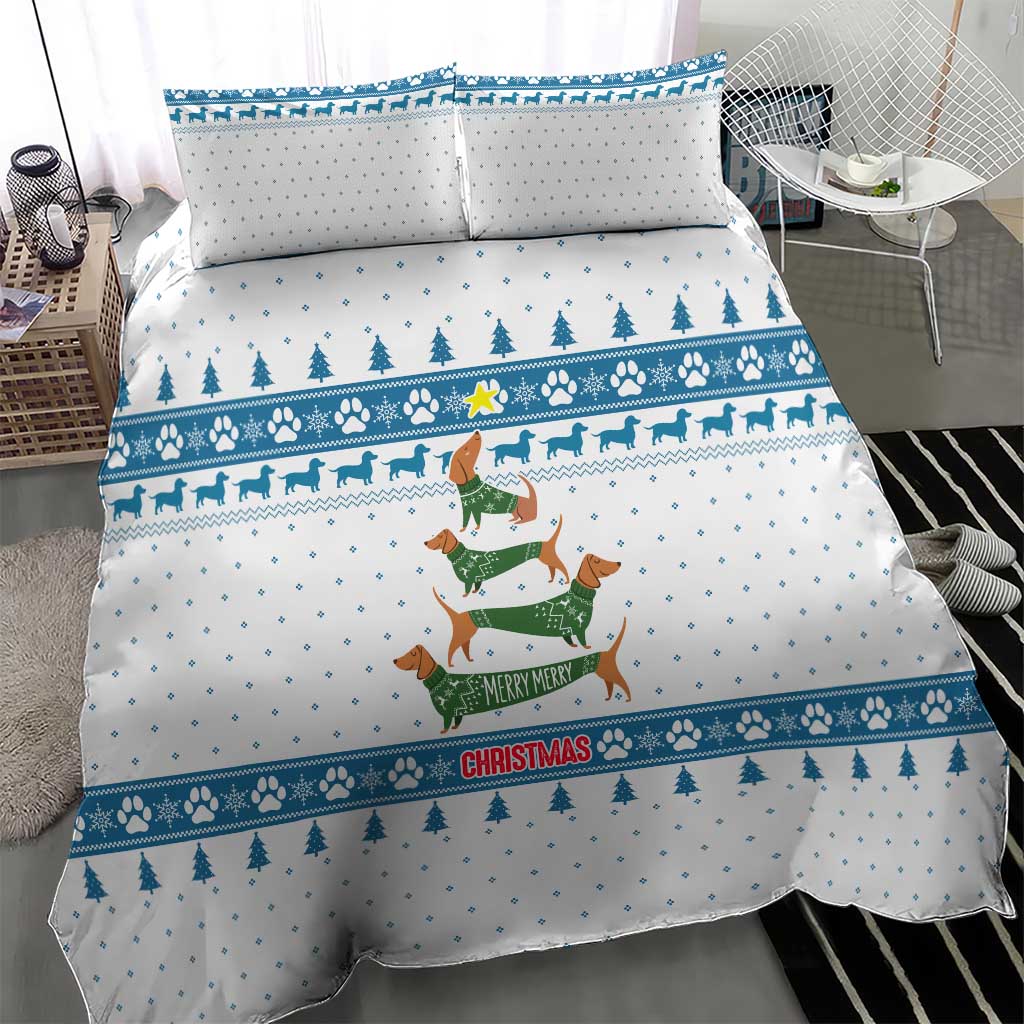 Dachshund Dog Tree Stack Bedding Set with Blue White Paw Print Pattern Design - Wonder Print Shop